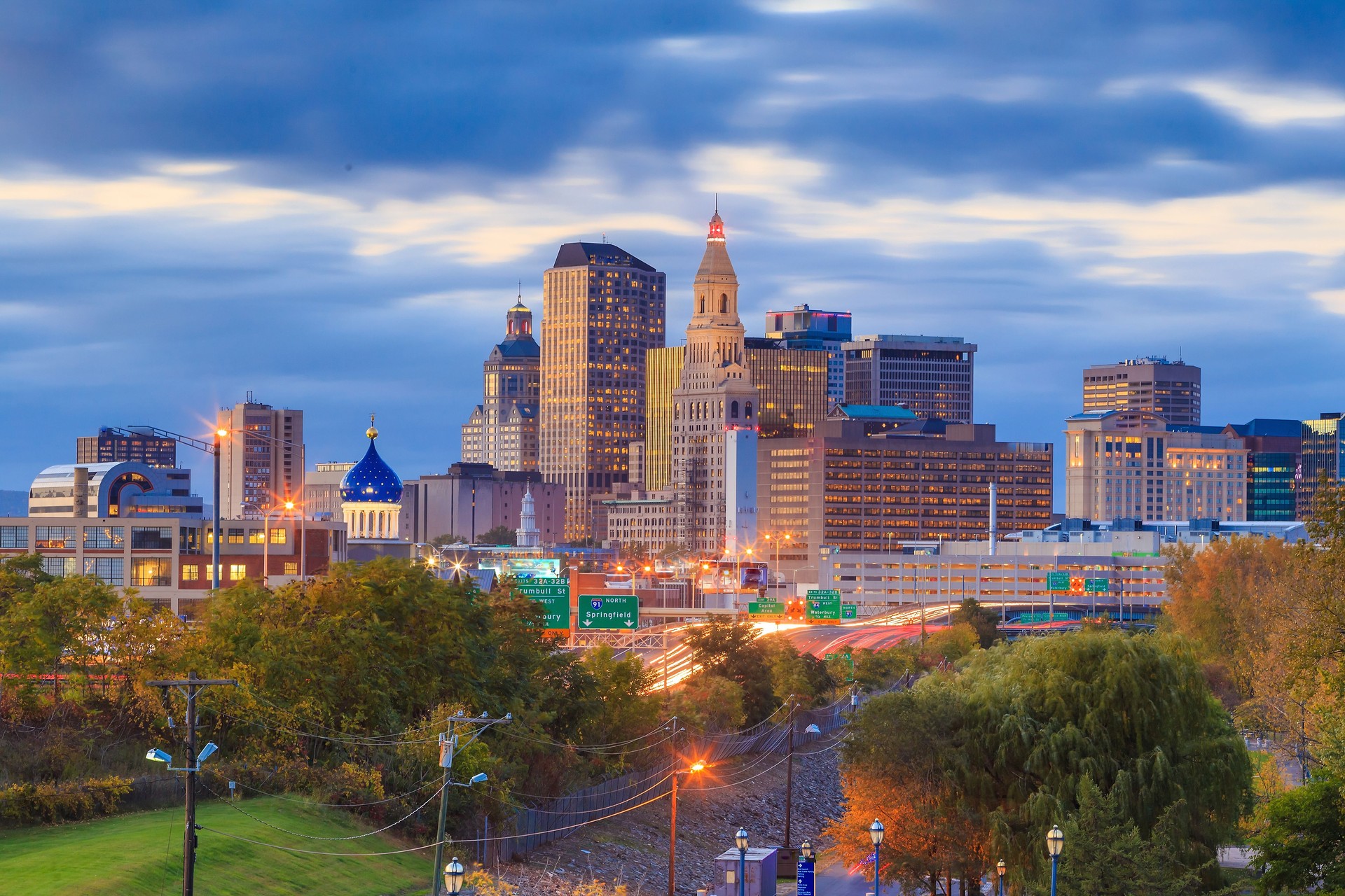 Skyline of downtown Hartford, Connecticut from above Charter Oak